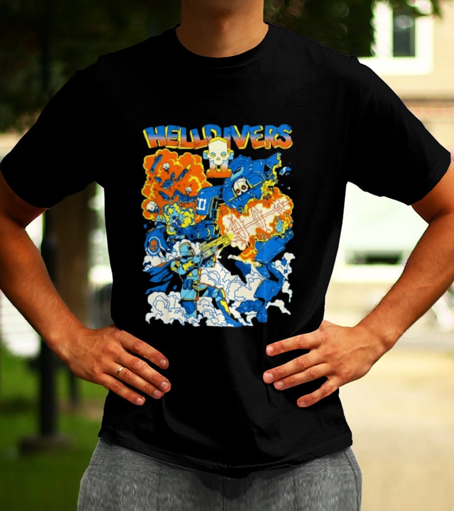 Helldivers Super Earth Soldier Combat Action Explosive Battle Scene T-Shirt
