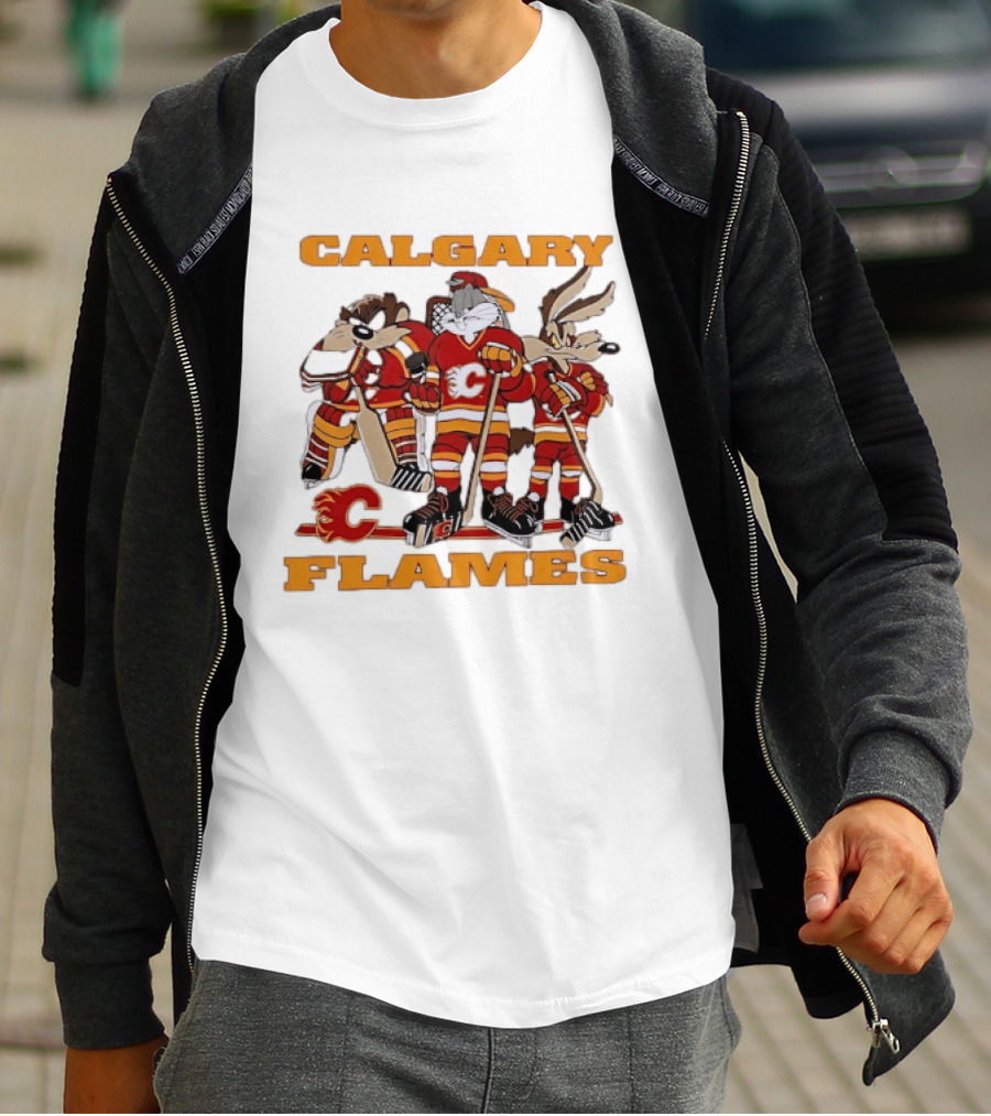 Calgary Flames Looney Tunes Bugs Bunny Hockey Team Characters T-Shirt