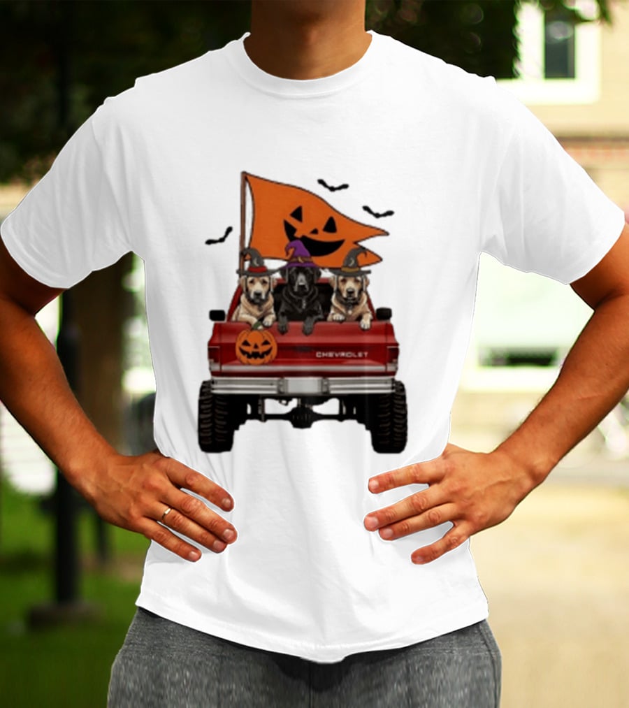 Chevrolet Halloween Dogs In Truck With Pumpkin And Bats T-Shirt