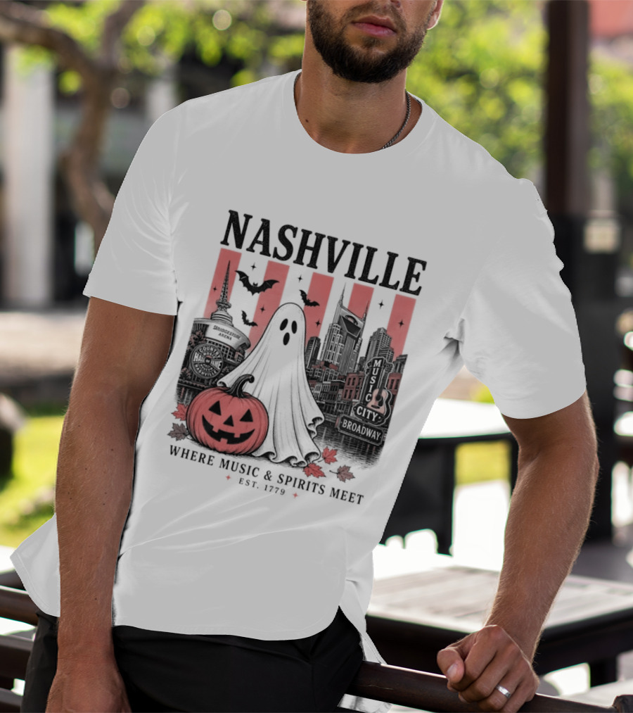 Nashville Halloween Ghost Music Spirits Skyline Pumpkin Bats T-Shirt