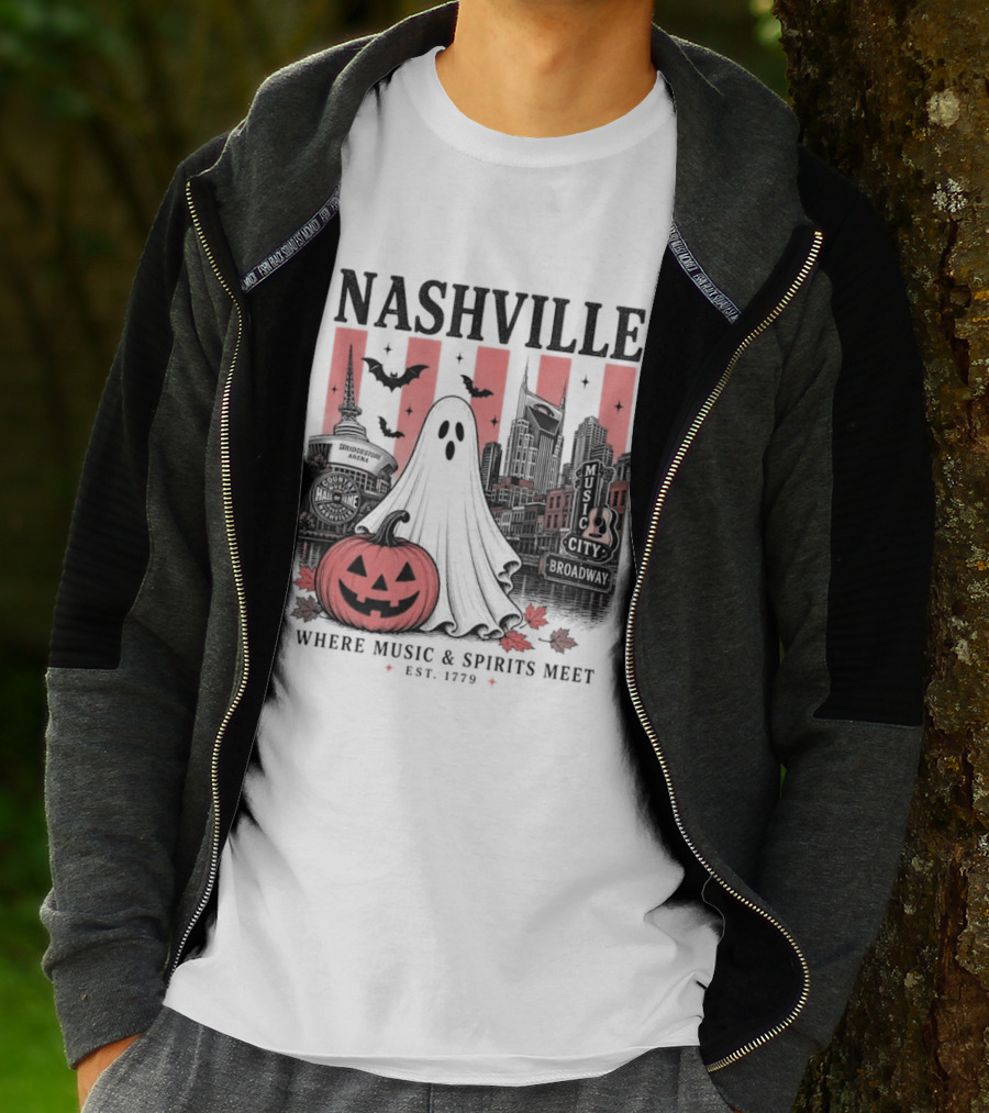 Nashville Halloween Ghost Music Spirits Skyline Pumpkin Bats T-Shirt