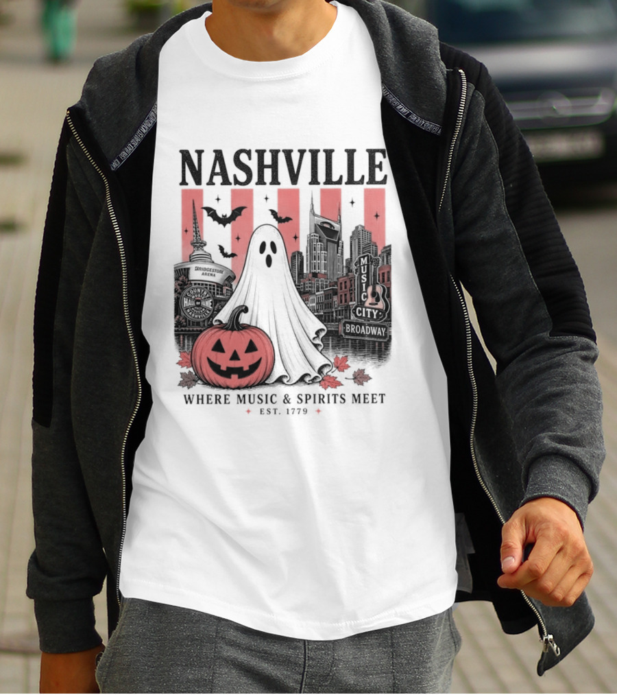 Nashville Halloween Ghost Music Spirits Skyline Pumpkin Bats T-Shirt