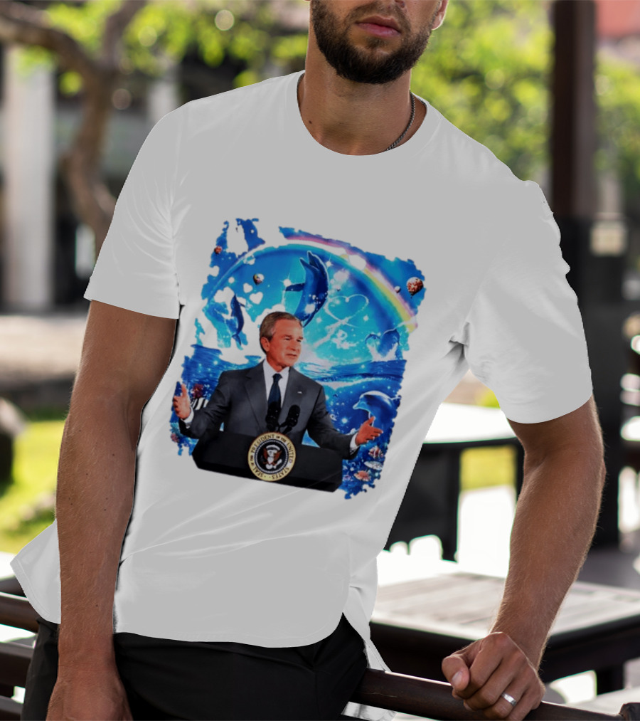 George W Bush Dolphins Coexist Peacefully With Rainbow And Ocean Scene T-Shirt