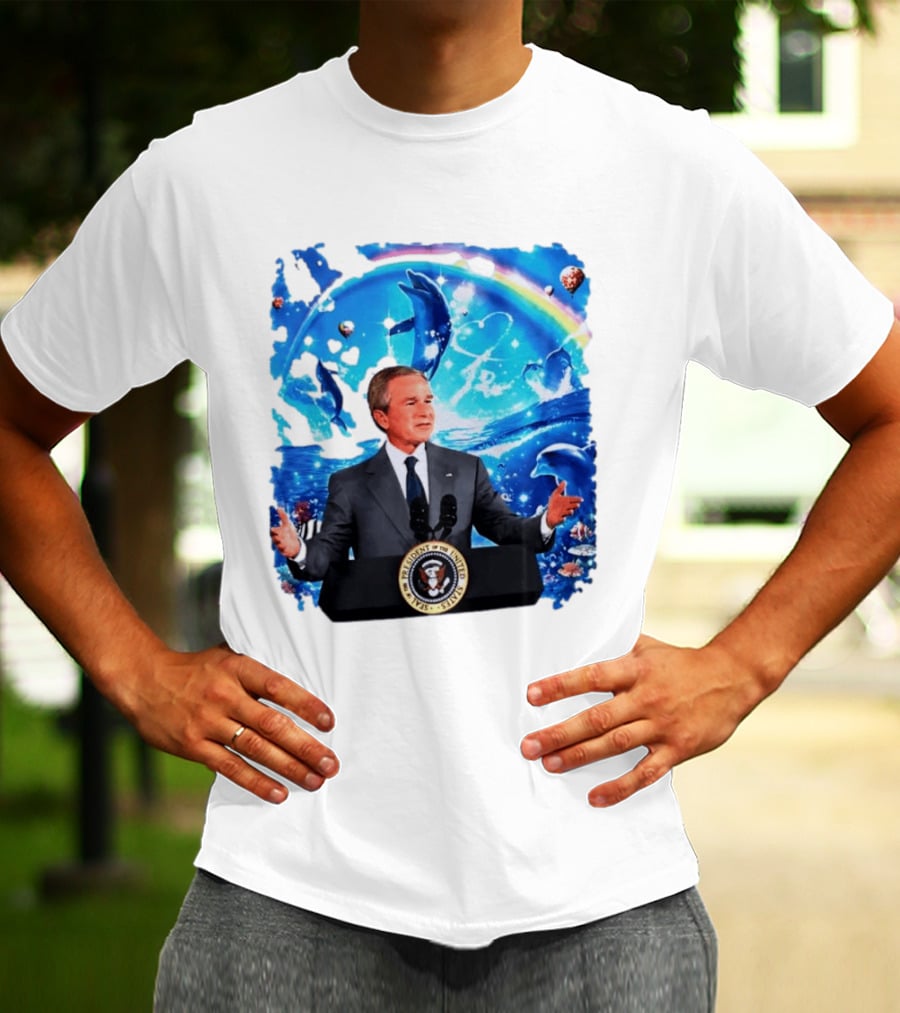 George W Bush Dolphins Coexist Peacefully With Rainbow And Ocean Scene T-Shirt