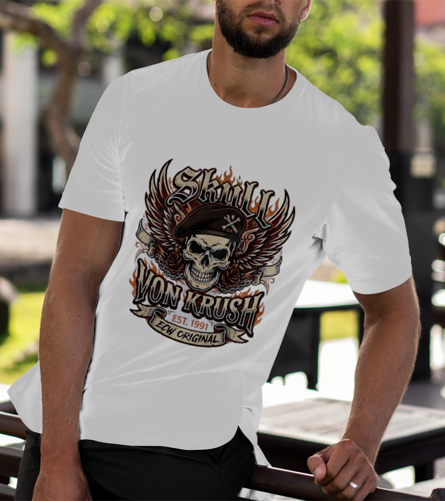 Skull Von Krush SVK Est 1991 ECW Original Flame Wings Roses T-Shirt