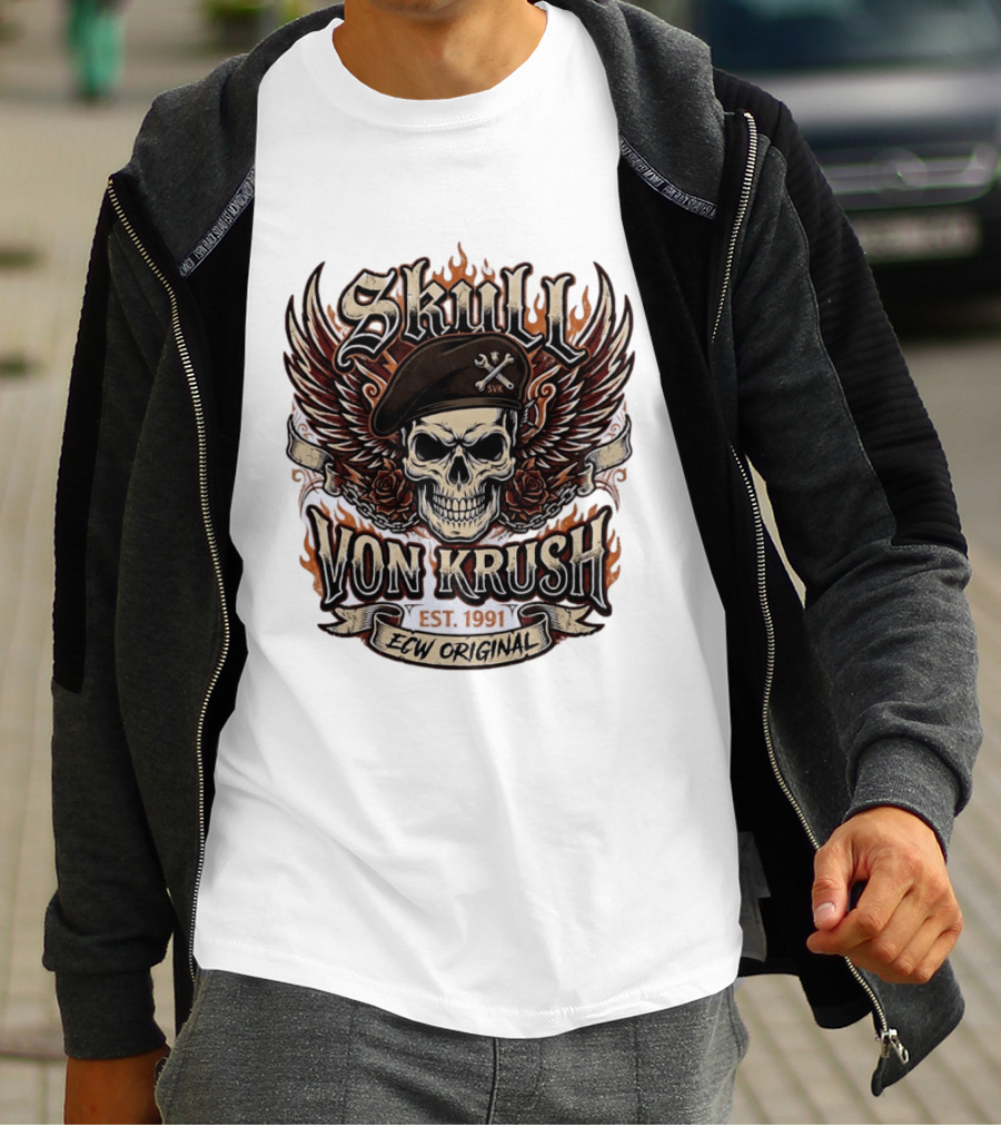 Skull Von Krush SVK Est 1991 ECW Original Flame Wings Roses T-Shirt