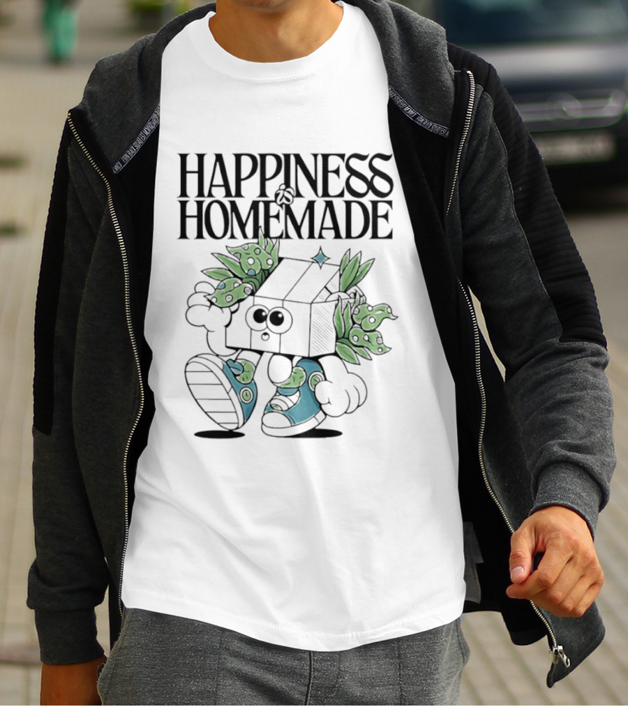 Happiness Is Homemade Cute Cartoon Box Character With Flowers T-Shirt