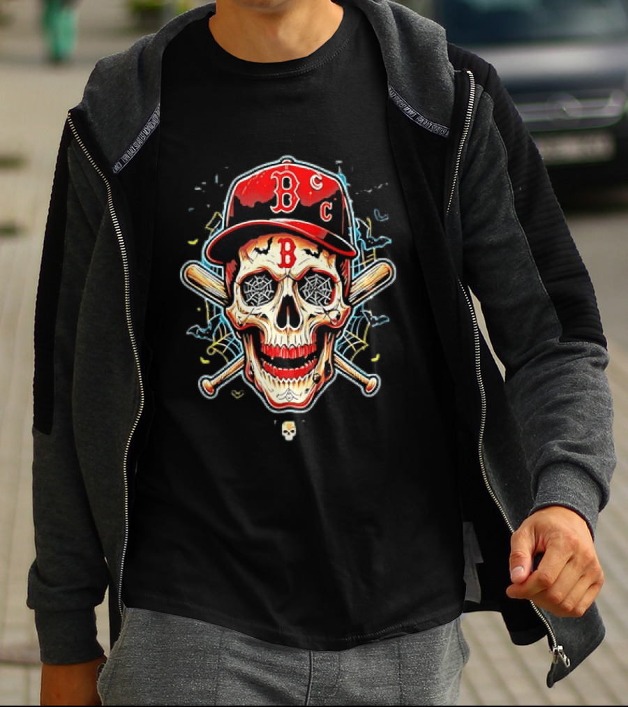 Boston Red Sox Skull Baseball Crossed Bats Red Cap T-Shirt