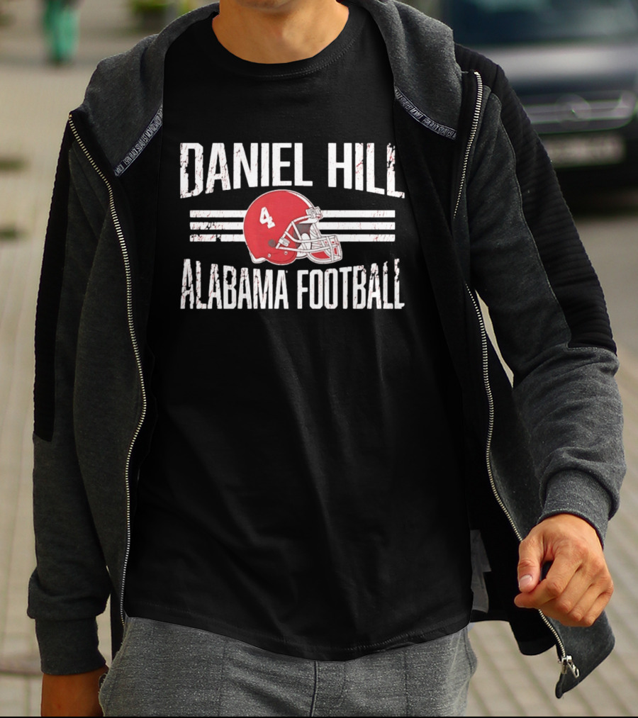 Daniel Hill Alabama Football Number 4 Red Helmet Distressed T-Shirt