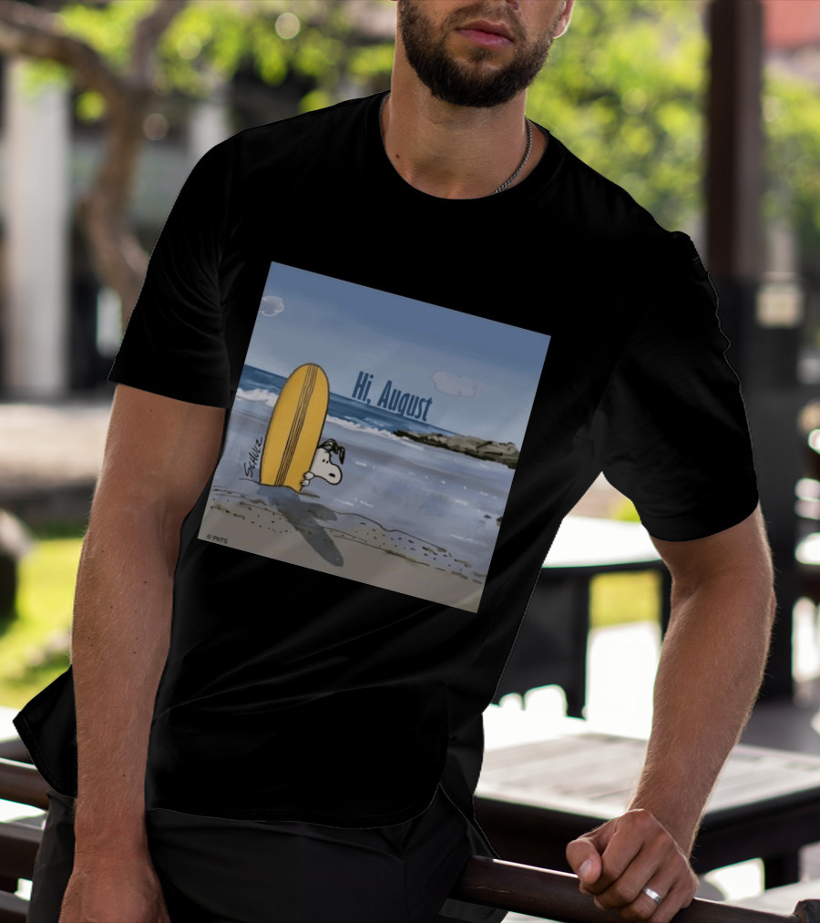 Snoopy Hi August Surfboard Beach Scene By Schulz T-Shirt