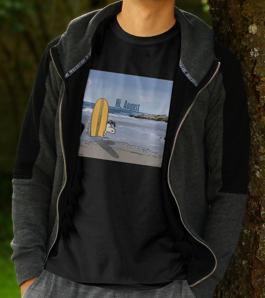 Snoopy Hi August Surfboard Beach Scene By Schulz T-Shirt