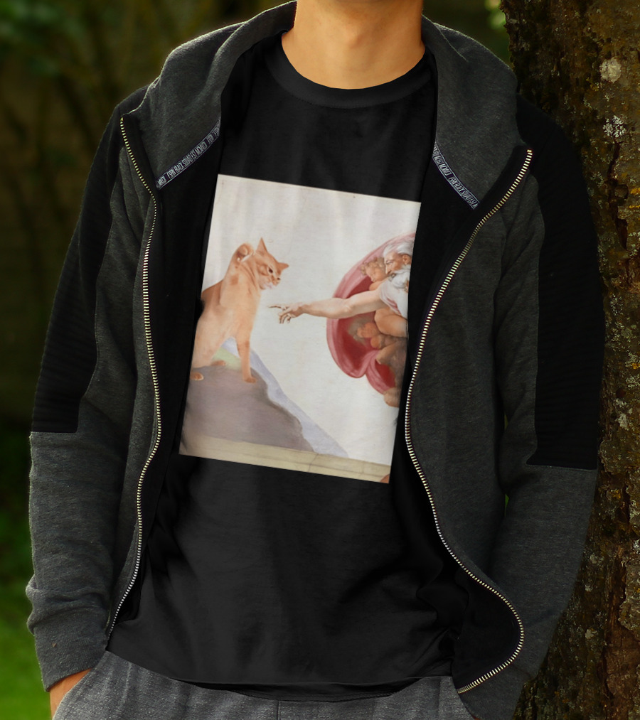 The Creation Of Adam With A Cat By Michelangelo T-Shirt