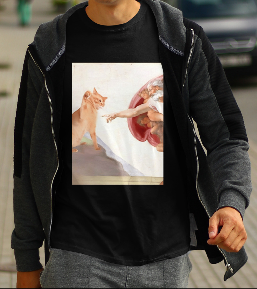 The Creation Of Adam With A Cat By Michelangelo T-Shirt
