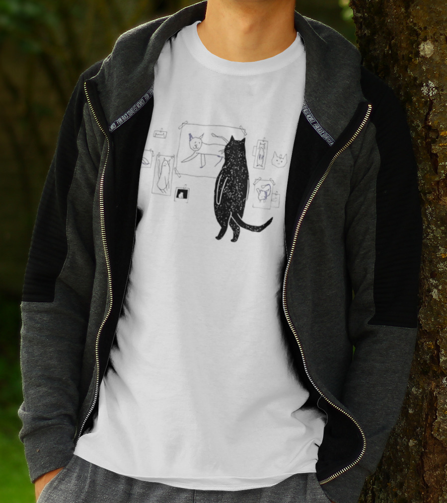 Black Cat Observing Doodle Drawings Of Cats T-Shirt
