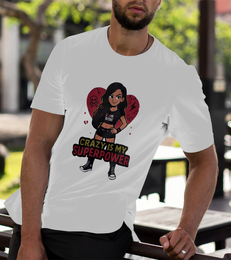 Love Bites Crazy Is My Superpower Cartoon Rock Girl Skull Heart T-Shirt