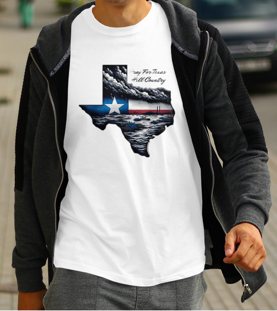 Pray For Texas Hill Country Map Texas Flag Storm Clouds T-Shirt