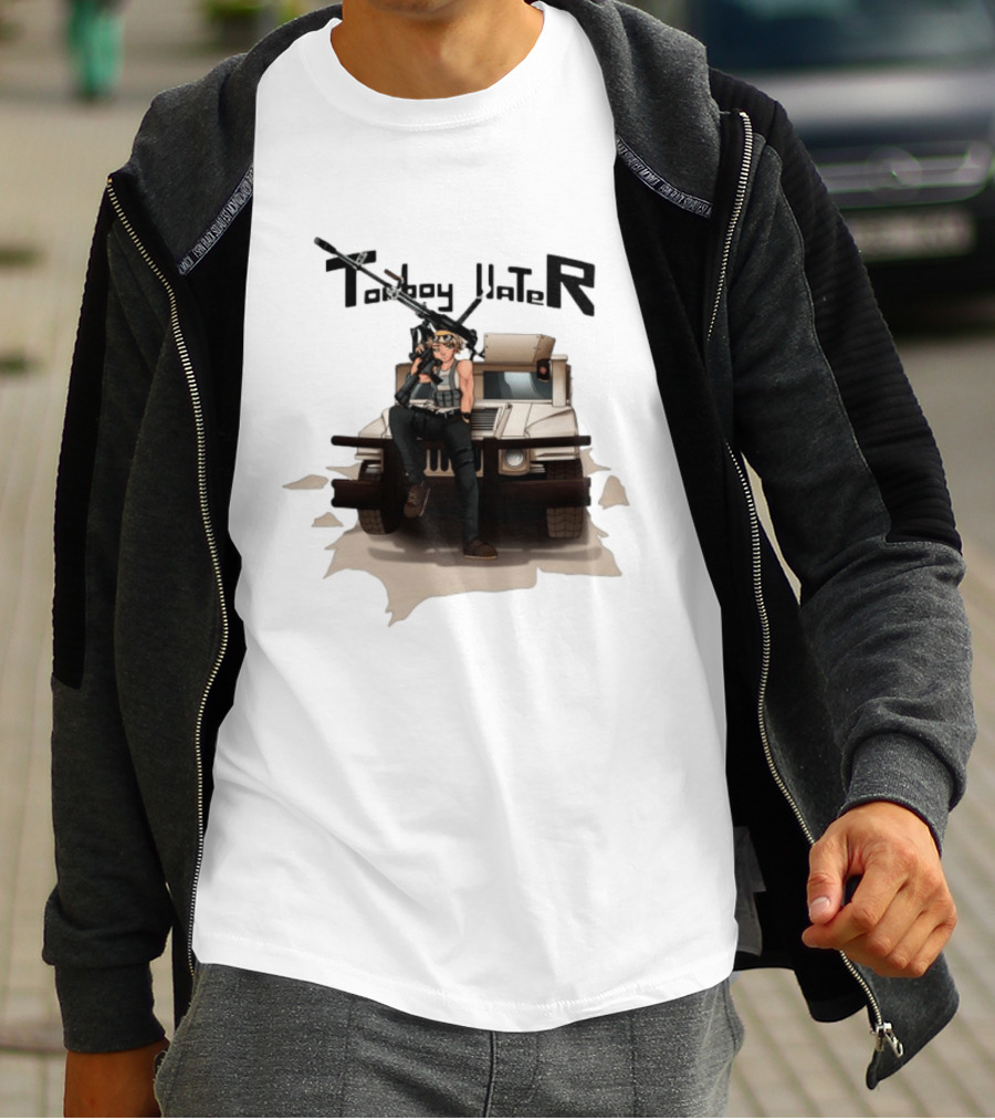 Tomboy Hater Anime Character With Gun And Armored Vehicle T-Shirt