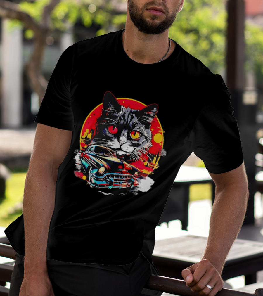 Black Cat With Vintage Classic Car And Retro Sunset T-Shirt