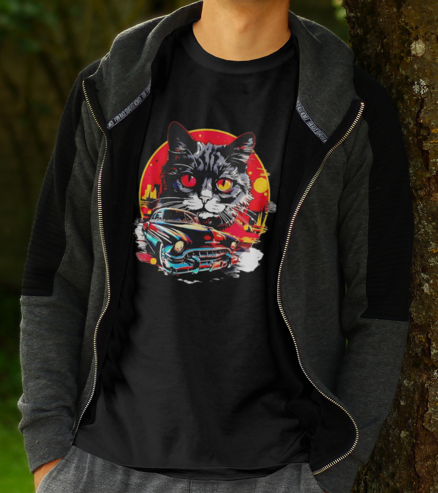 Black Cat With Vintage Classic Car And Retro Sunset T-Shirt