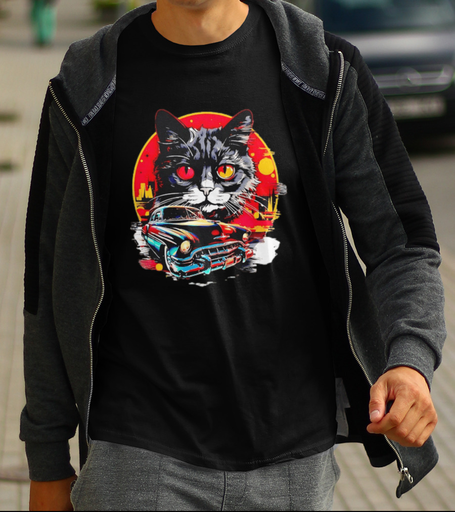 Black Cat With Vintage Classic Car And Retro Sunset T-Shirt
