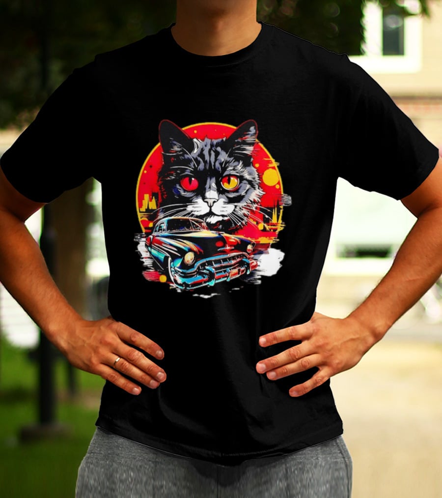 Black Cat With Vintage Classic Car And Retro Sunset T-Shirt