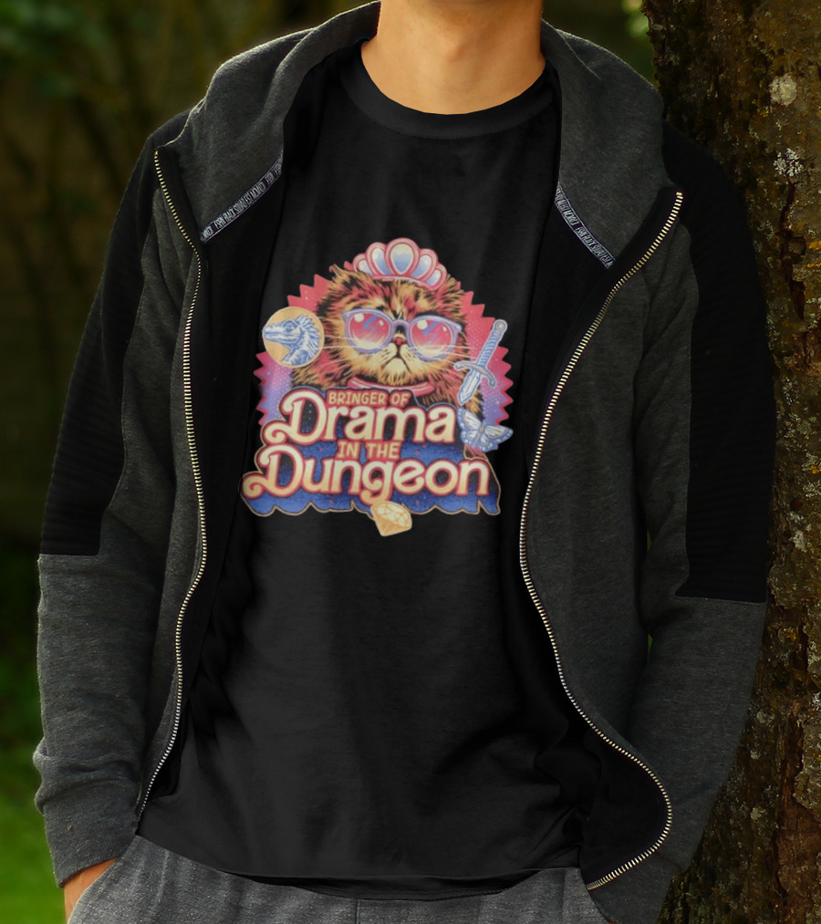 Bringer Of Drama In The Dungeon Cat With Raptor Dagger Butterfly Diamond T-Shirt