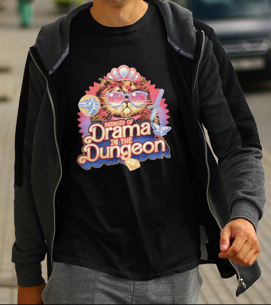 Bringer Of Drama In The Dungeon Cat With Raptor Dagger Butterfly Diamond T-Shirt