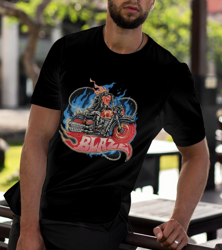 Blaze Flaming Skull Motorcycle Rider Blue Flame T-Shirt