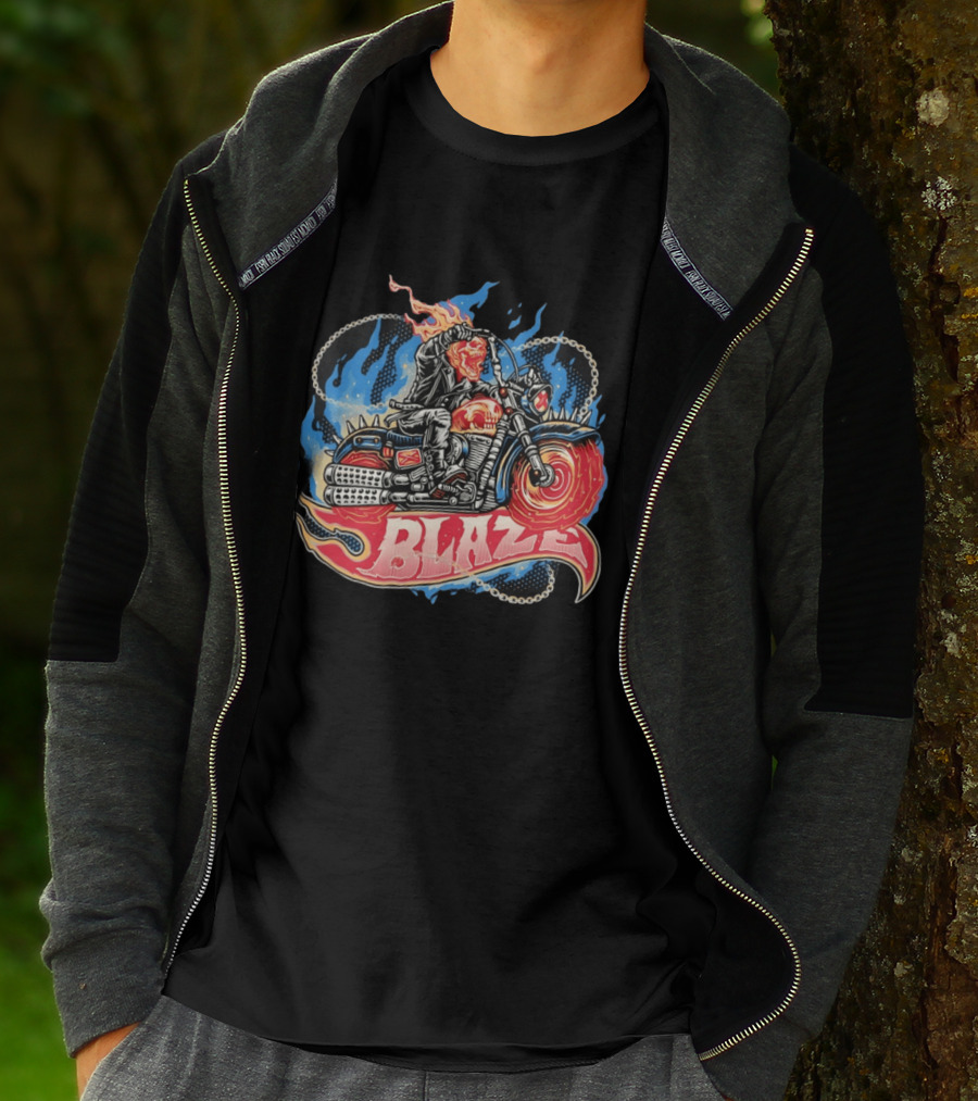 Blaze Flaming Skull Motorcycle Rider Blue Flame T-Shirt