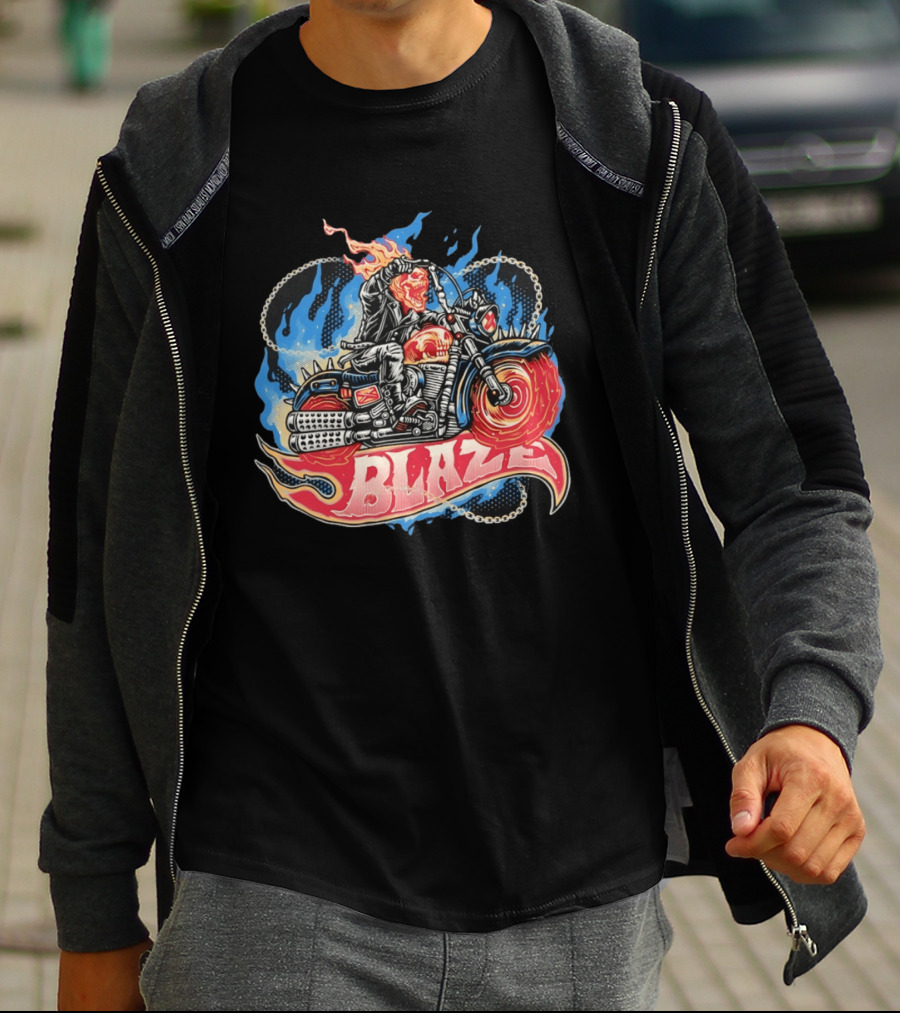 Blaze Flaming Skull Motorcycle Rider Blue Flame T-Shirt