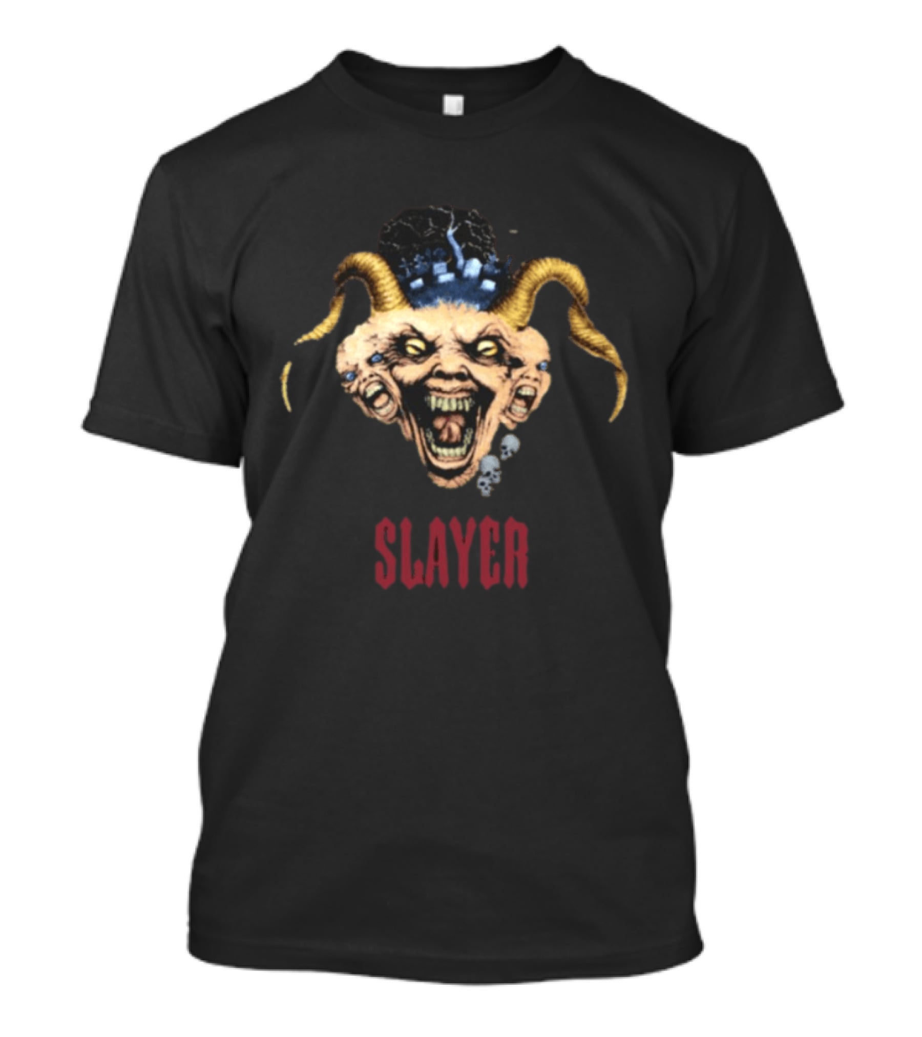 Slayer Triple Demon Head With Horns And Skulls T-Shirt
