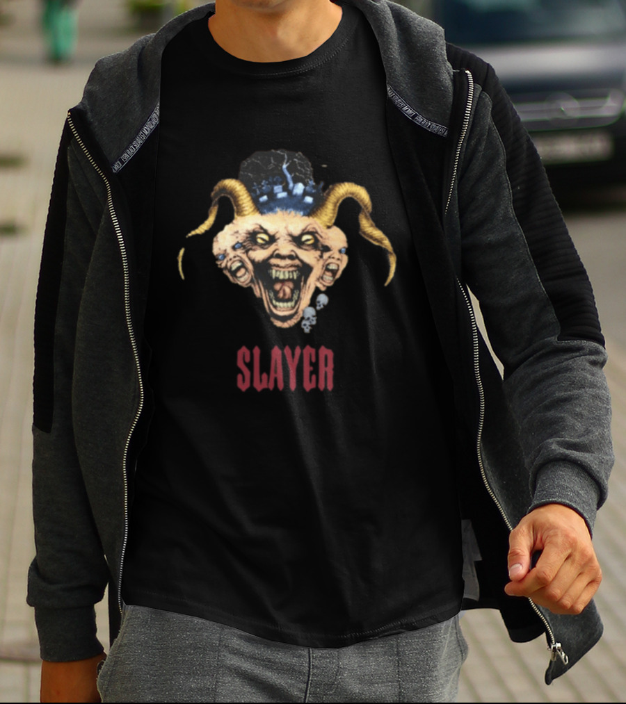 Slayer Triple Demon Head With Horns And Skulls T-Shirt