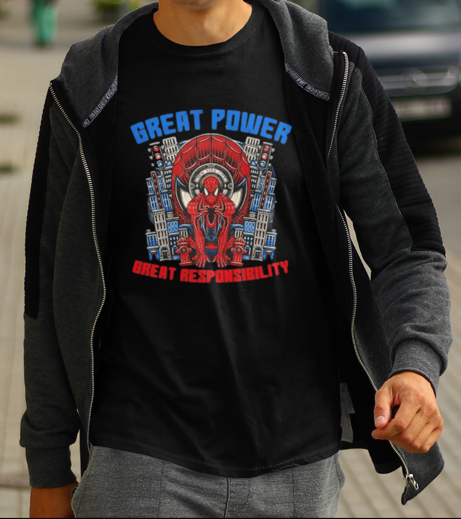 Spider Man Great Power Great Responsibility New York City Marvel T-Shirt