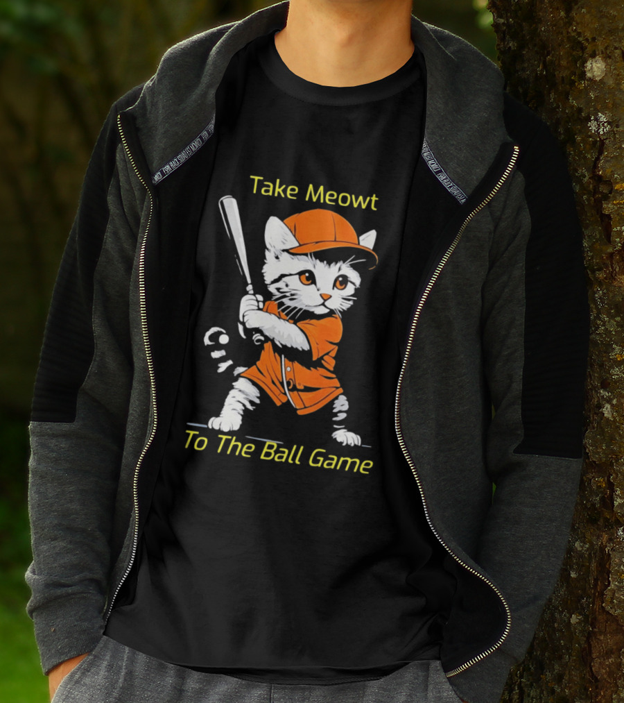 Take Meowt To The Ball Game Baseball Cat In Orange Uniform With Bat T-Shirt