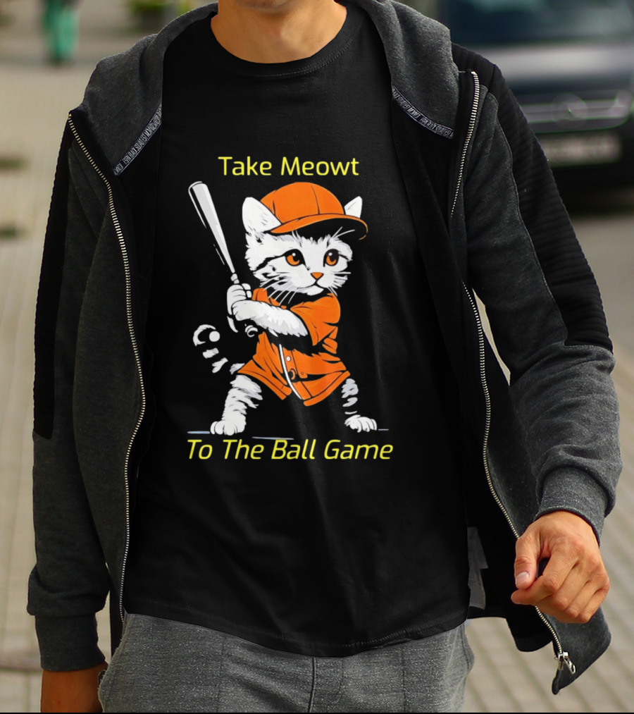 Take Meowt To The Ball Game Baseball Cat In Orange Uniform With Bat T-Shirt