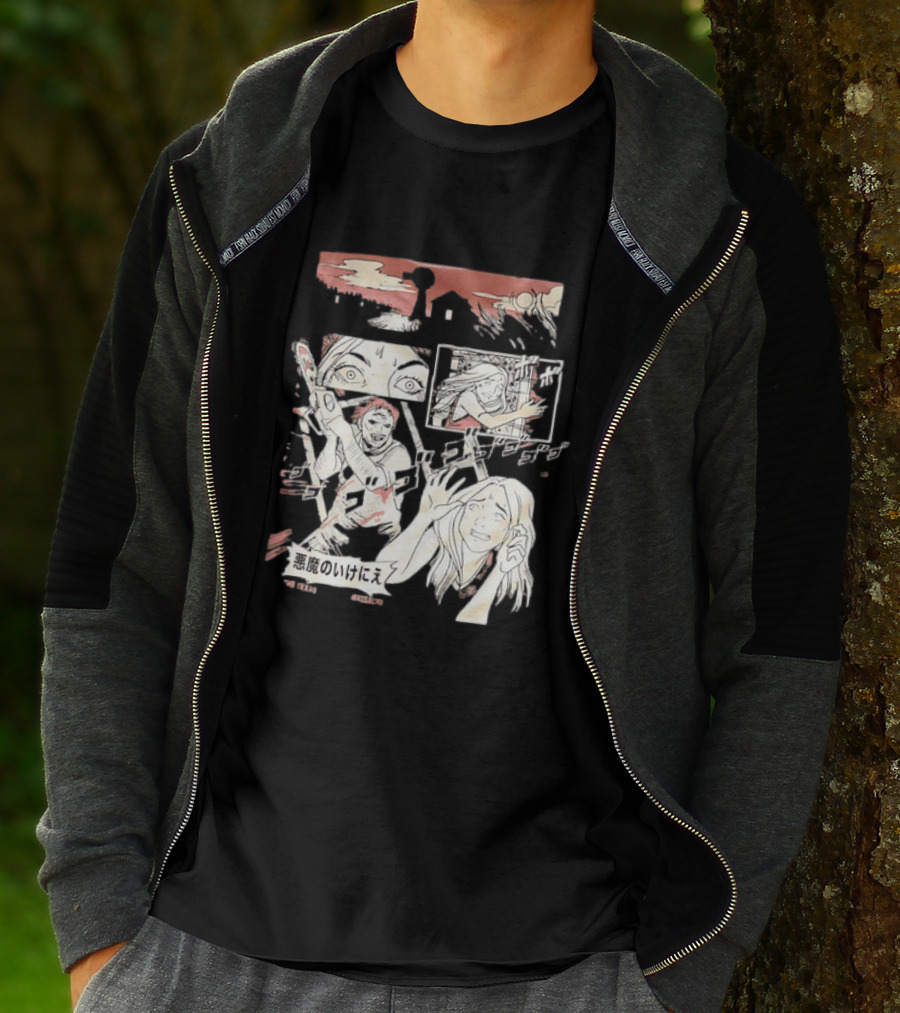 The Texas Chain Saw Massacre Manga Horror Panel With Japanese Text And Chainsaw Action T-Shirt