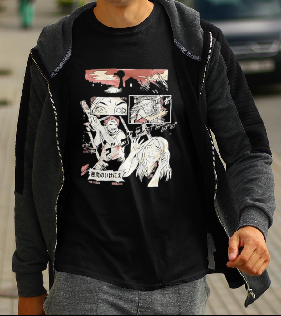 The Texas Chain Saw Massacre Manga Horror Panel With Japanese Text And Chainsaw Action T-Shirt
