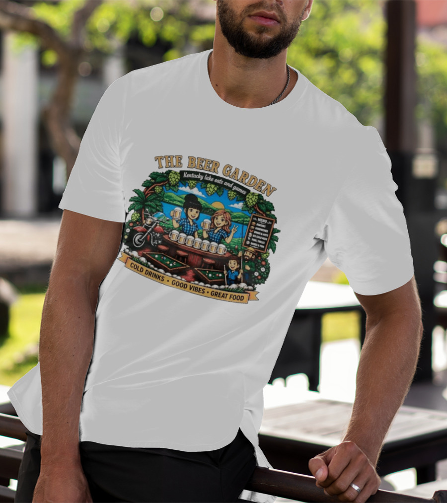The Beer Garden Kentucky Lake Eats And Games Cold Drinks Good Vibes Great Food Burgers Sandwiches Wings Apps Relaxing Pool Tables Fun T-Shirt