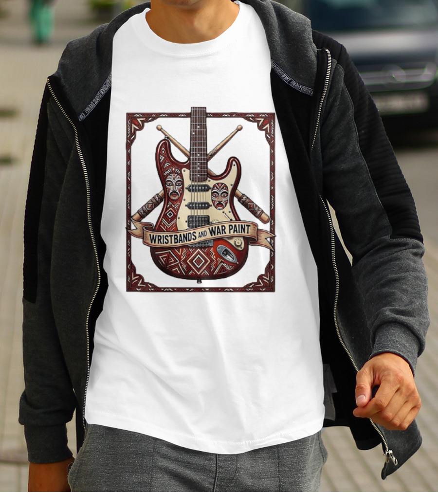 Wristbands And War Paint Electric Guitar Tribal Mask T-Shirt