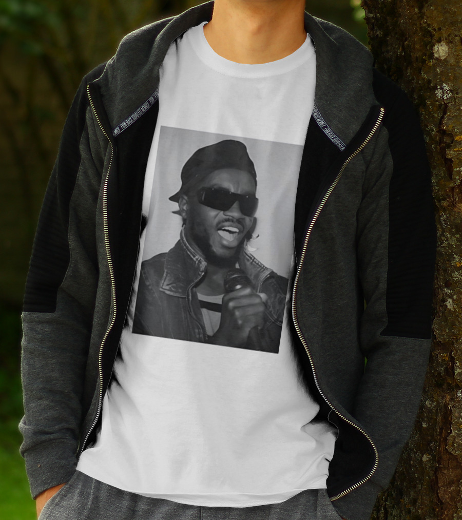 Ata Kak Iconic Ghanaian Musician Highlife Style Sunglasses Microphone Denim Jacket T-Shirt