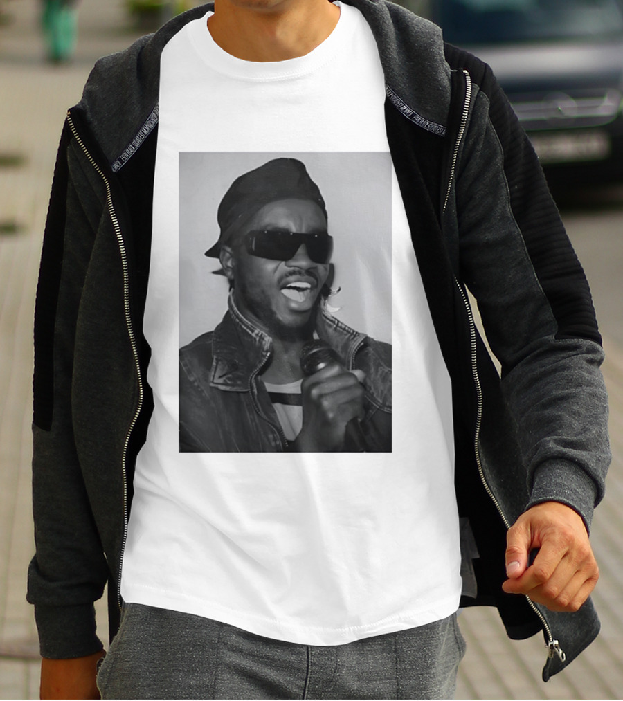 Ata Kak Iconic Ghanaian Musician Highlife Style Sunglasses Microphone Denim Jacket T-Shirt