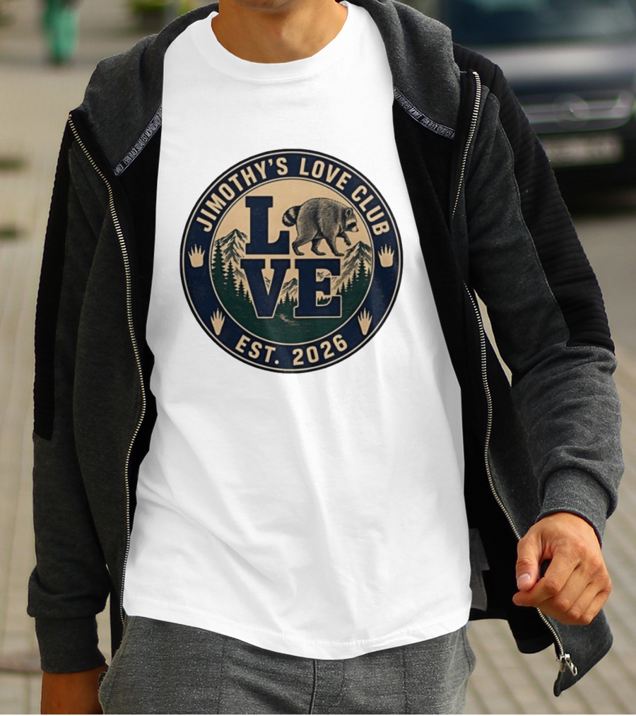 Jimothy's Love Club Raccoon Love Est 2026 Mountain Shield T-Shirt