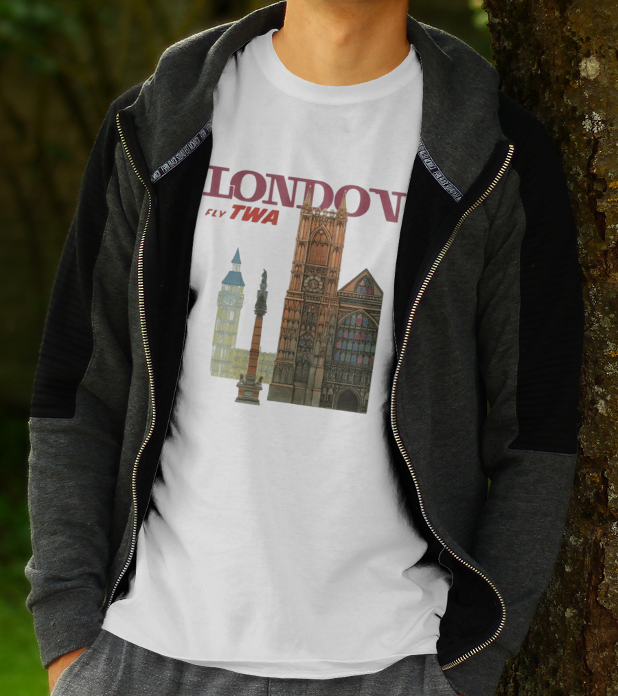 London Fly TWA Travel Big Ben Westminster Abbey Landmark T-Shirt