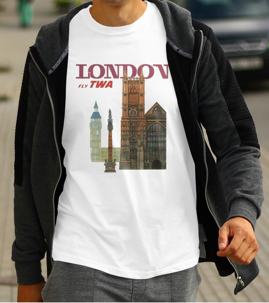 London Fly TWA Travel Big Ben Westminster Abbey Landmark T-Shirt