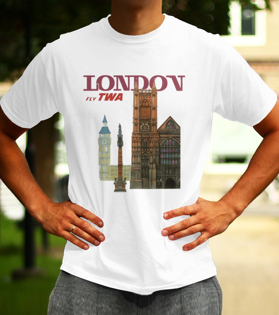 London Fly TWA Travel Big Ben Westminster Abbey Landmark T-Shirt