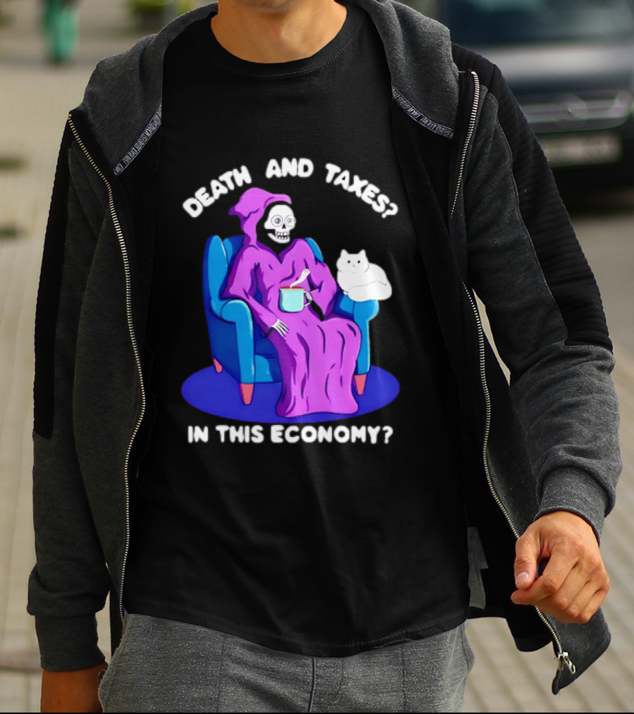 Death And Taxes Grim Reaper With Cat In This Economy T-Shirt