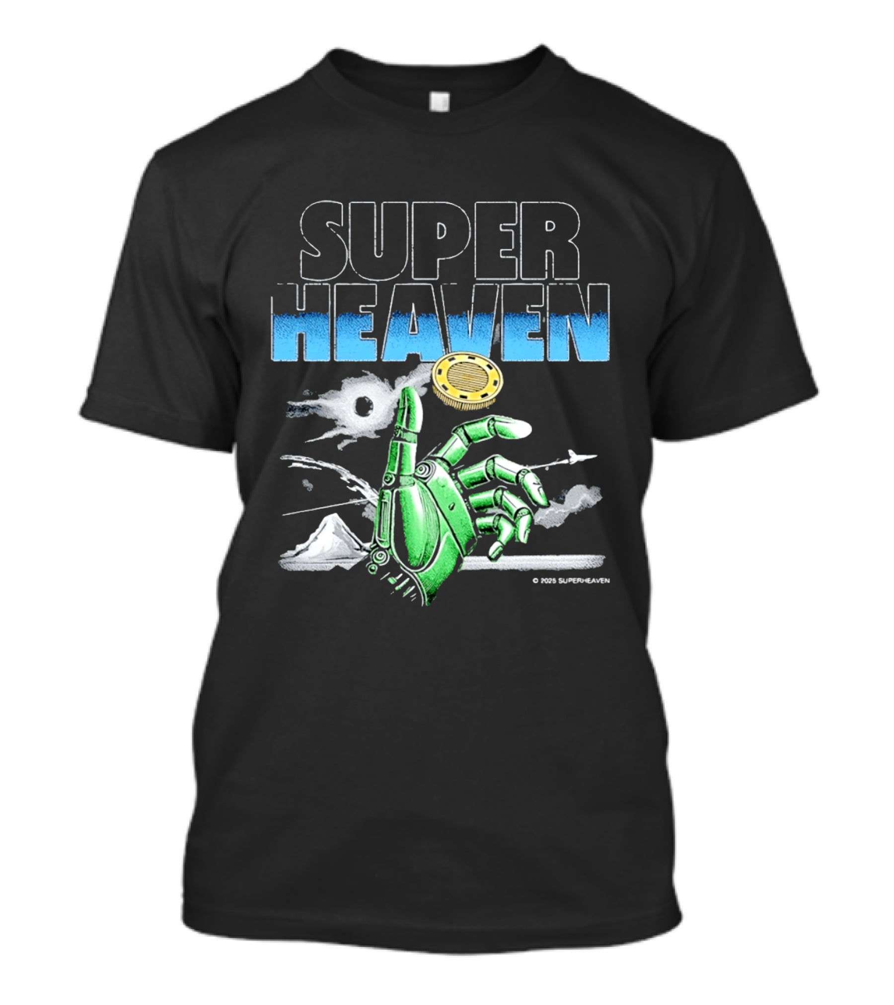 Superheaven Robotic Hand Space Adventure Coin And Mountain Scene T-Shirt