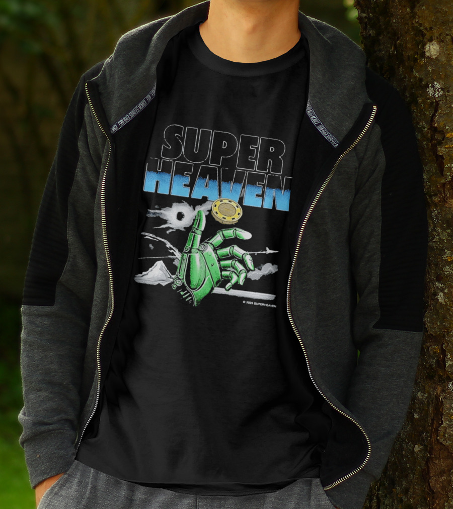 Superheaven Robotic Hand Space Adventure Coin And Mountain Scene T-Shirt