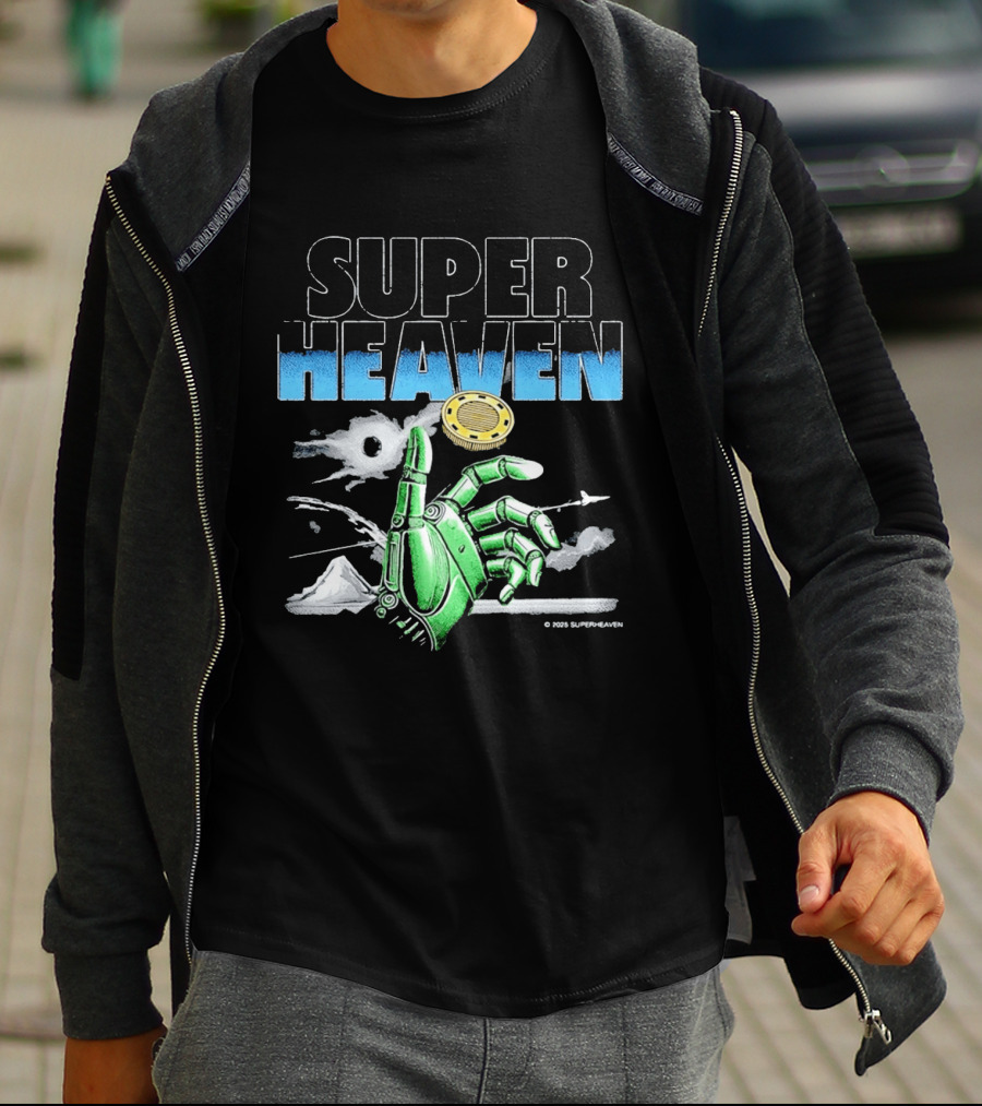 Superheaven Robotic Hand Space Adventure Coin And Mountain Scene T-Shirt