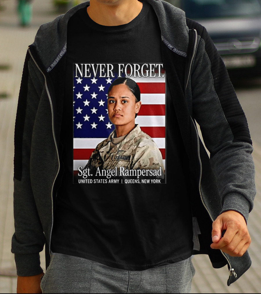 Never Forget Sgt Angel Rampersad United States Army Queens New York American Flag T-Shirt